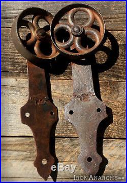 1800s BARN DOOR ROLLERS, Atq Vtg Kidder Cast Iron Rolling Sliding Wheel Hardware