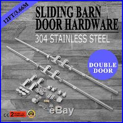 3.66m Double Sliding Barn Door Hardware Roller Set Track Kit 304 Stainless Steel