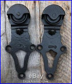 BARN DOOR ROLLERS, Antique Vtg Cast Iron Rolling Sliding Wheel Hanger Hardware