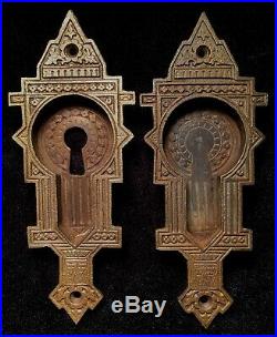 EASTLAKE POCKET DOOR ESCUTCHEON Atq Victorian Brass Sliding Handle Pull Hardware