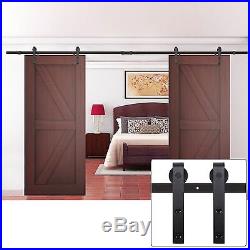 Stable 12FT Black Country Sliding Barn Double Wood Door Hardware Closet Kit US R