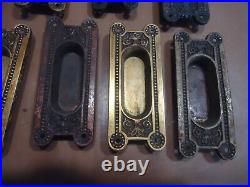 Vtg Victorian ornate brass pocket / sliding door plate / pull 9pc lot